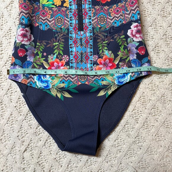NWOT Johnny Was Floral Zip Rash Guard One-Piece‎ Swimsuit Navy Multicolor XS - Picture 3 of 8